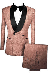 Mason Bespoke Brown Double Breasted Jacquard Groom's Suit With Velvet Lapel